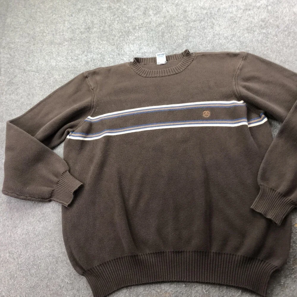 Vintage Old Navy Sweater Mens XL Brown Striped Knit Crewneck Logo Casual Basic